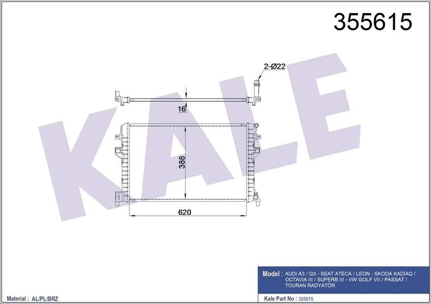 EK SU RADYATORU VW GOLF VII 1.2TSI 1.4 TSI 1.6 - KALE 355615